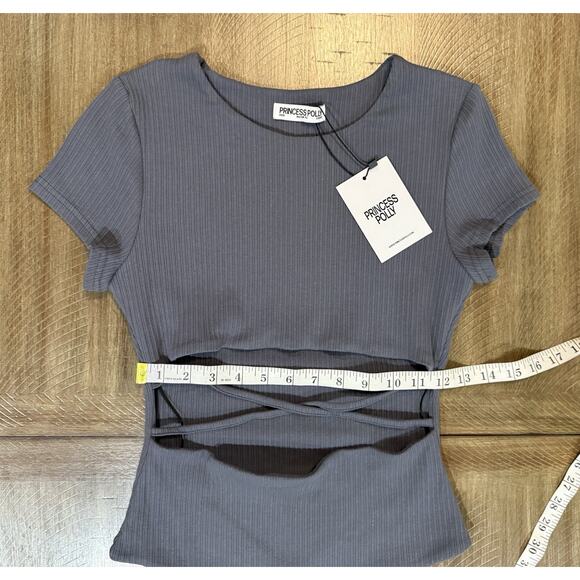NWT PRINCESS POLLY Nicola Bodysuit Slate Gray Ribbed Criss Cross Thong Stretch 8 - Picture 9 of 16